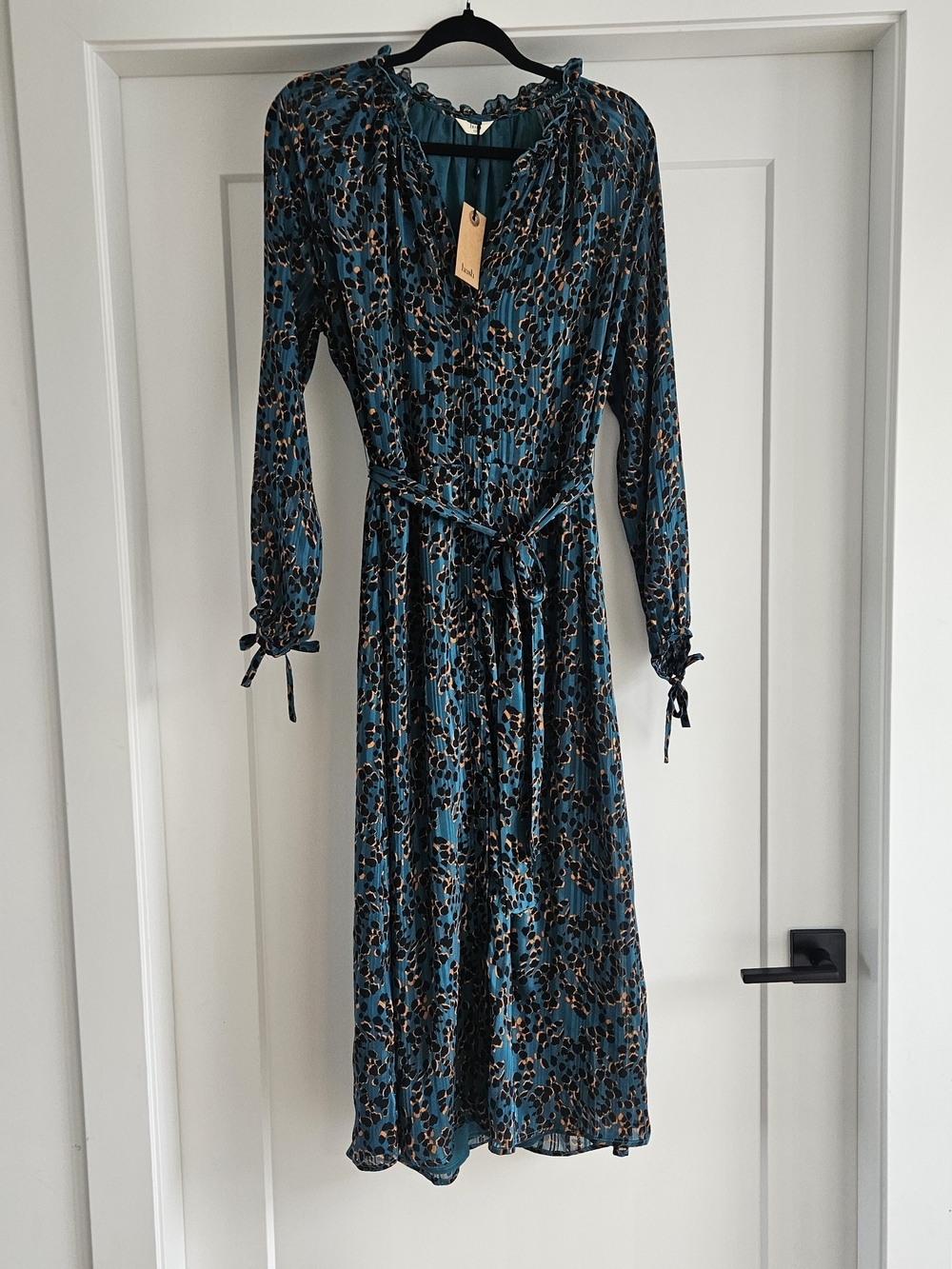 Teal Animal-Print Long Sleeve Midi Dress with Waist Tie Sz 10 - Picture 2 of 5